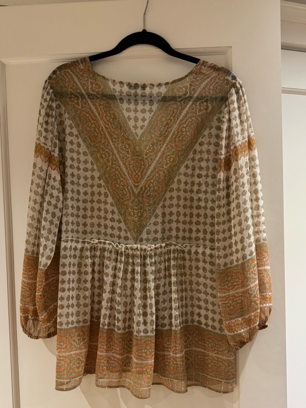 Rose & Olive Cream Semi Sheer Tunic with Tan and Gold Paisley Trim - Large